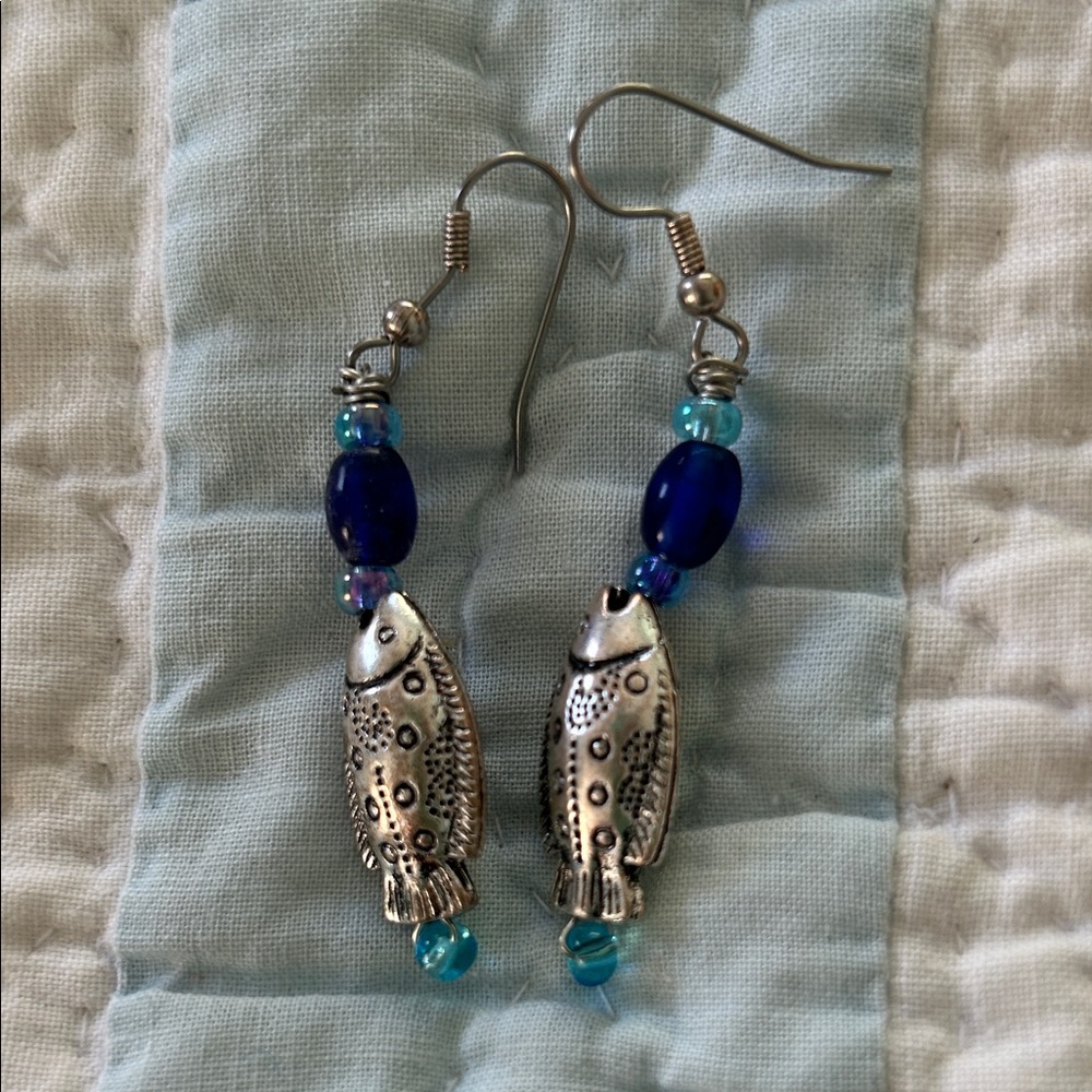 Silver Fish Dangle Earrings with Blue Accents for pierced ears
